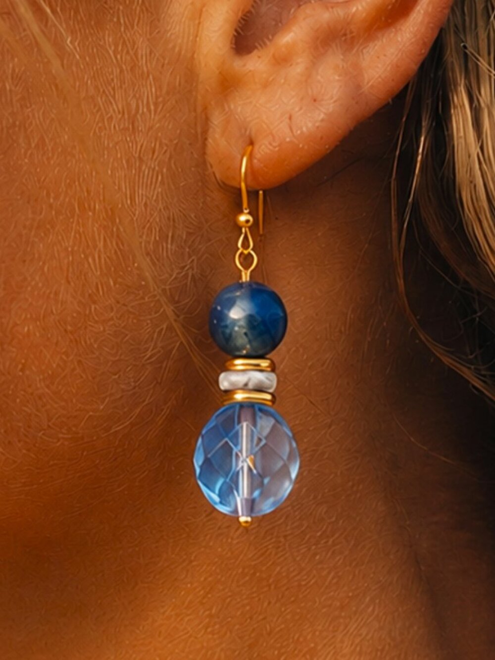 Blue Aventurine Glass Drop Earrings, Coastal Gold Beaded Dangles